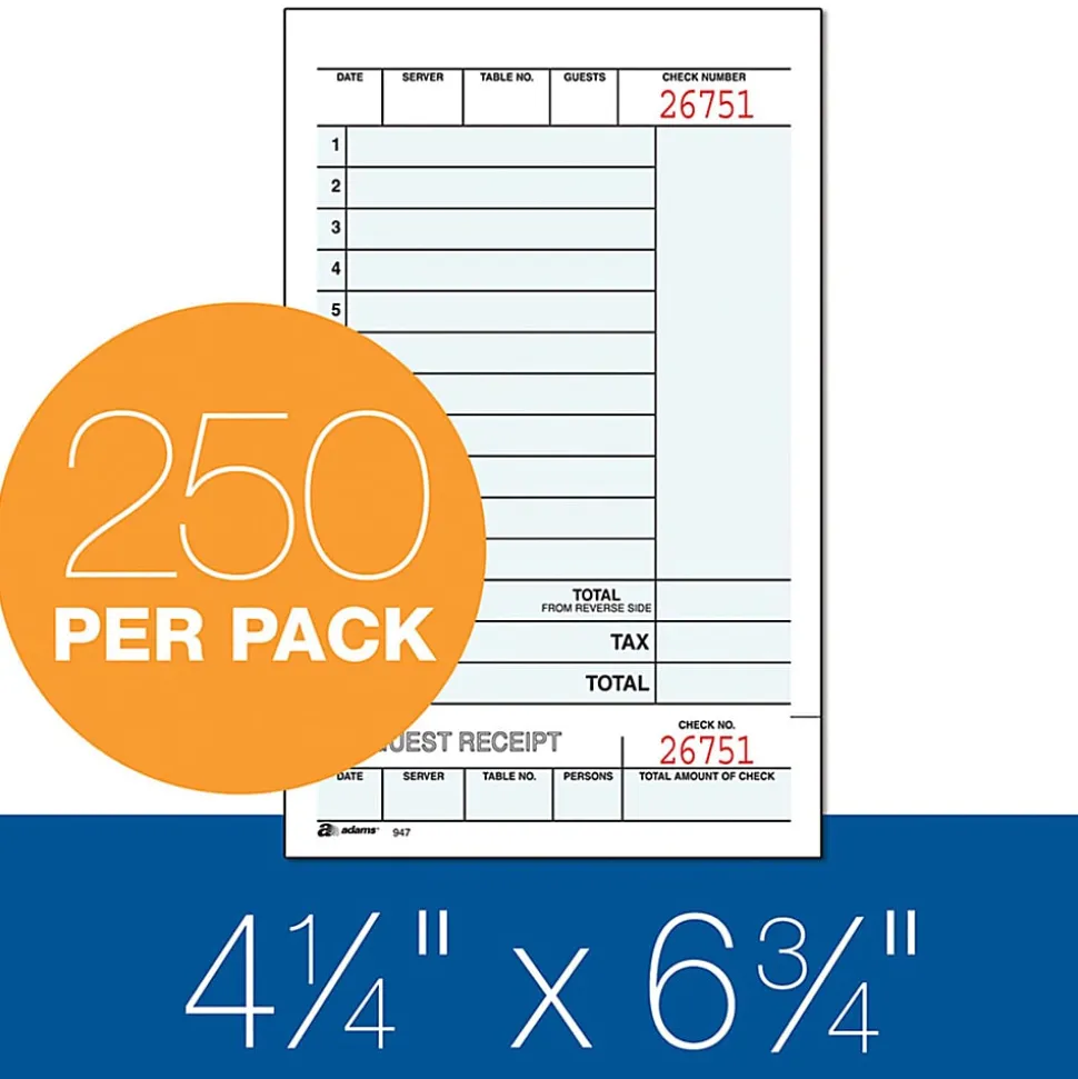 Adams® Guest Check Books, 2-Part, 4 1/4" x 7 1/4", 5 Pads Of 50 Sets Each (250 Guest Checks Total)