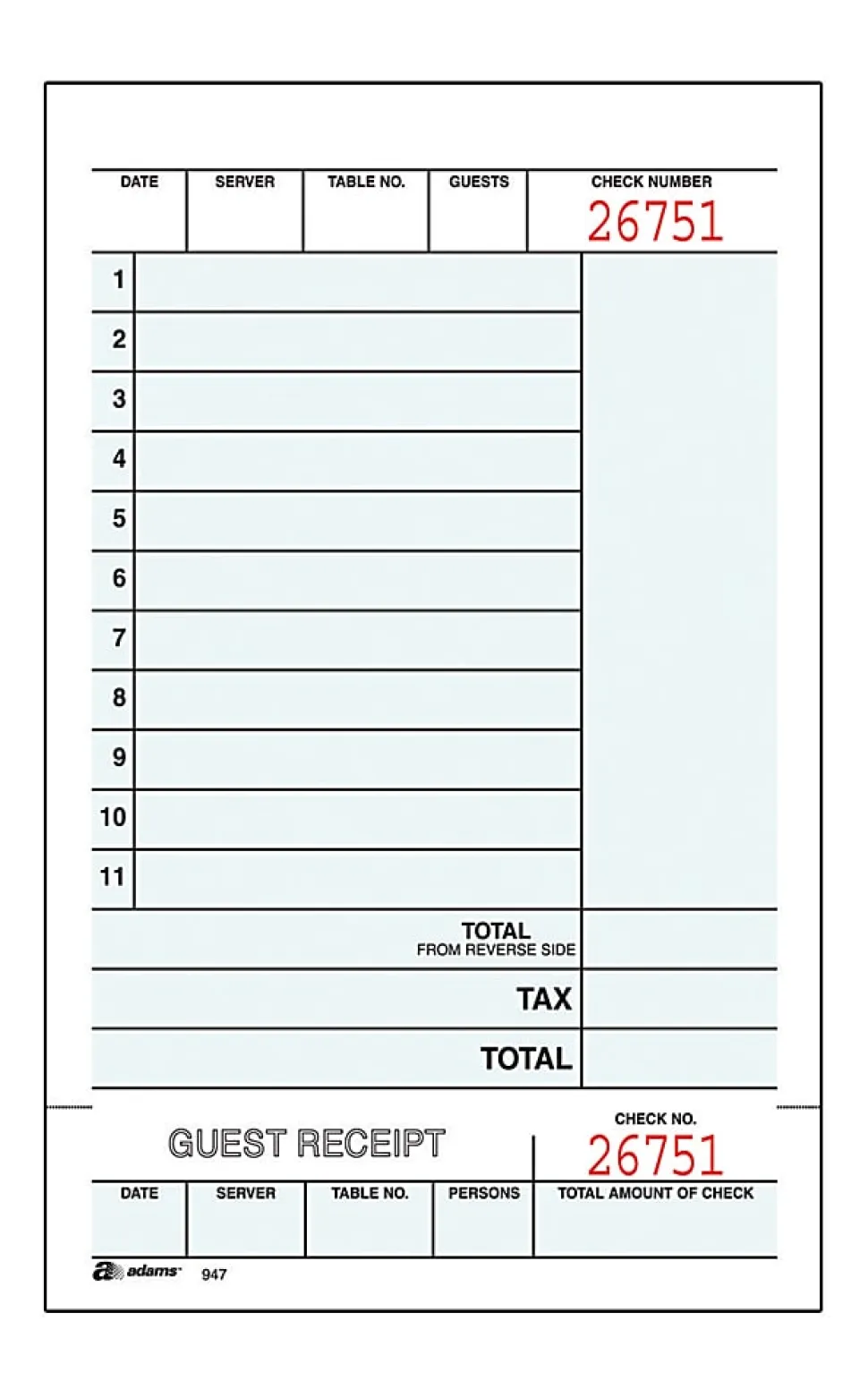 Adams® Guest Check Books, 2-Part, 4 1/4" x 7 1/4", 5 Pads Of 50 Sets Each (250 Guest Checks Total)