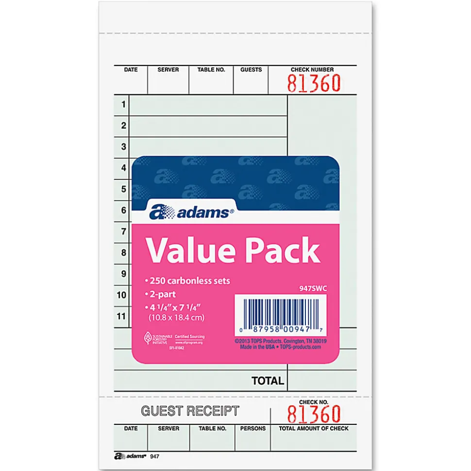 Adams® Guest Check Books, 2-Part, 4 1/4" x 7 1/4", 5 Pads Of 50 Sets Each (250 Guest Checks Total)
