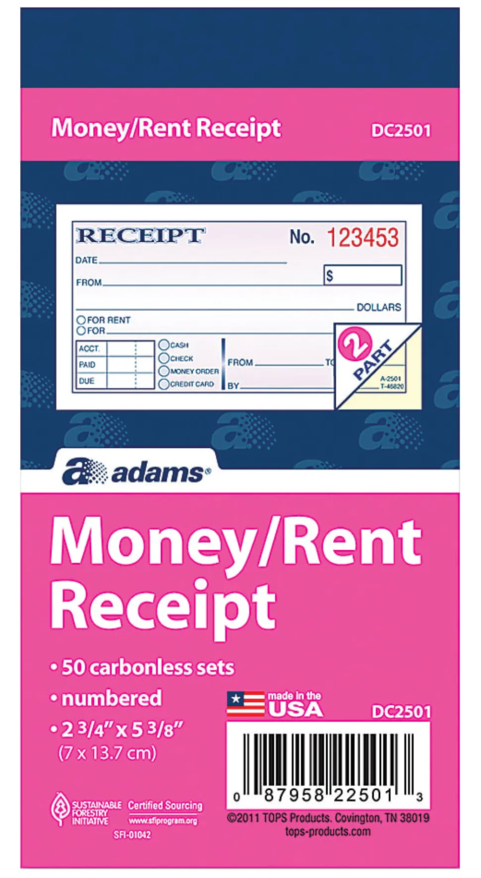 Adams® Money/Rent Receipt Book, 5 3/8" x 2 3/4", 2-Part, Carbonless, 50 Set Book