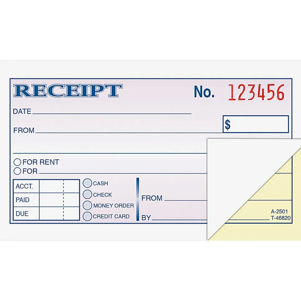 Adams® Money/Rent Receipt Book, 5 3/8" x 2 3/4", 2-Part, Carbonless, 50 Set Book