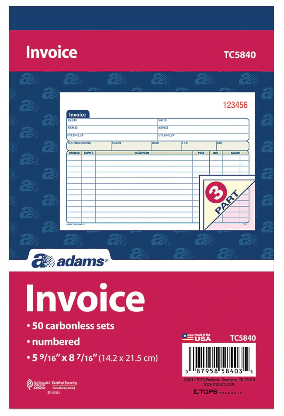 Adams™ 3-Part Carbonless Invoice Book, 8 7/16" x 5 9/16", White/Canary/Pink, 50 Sets