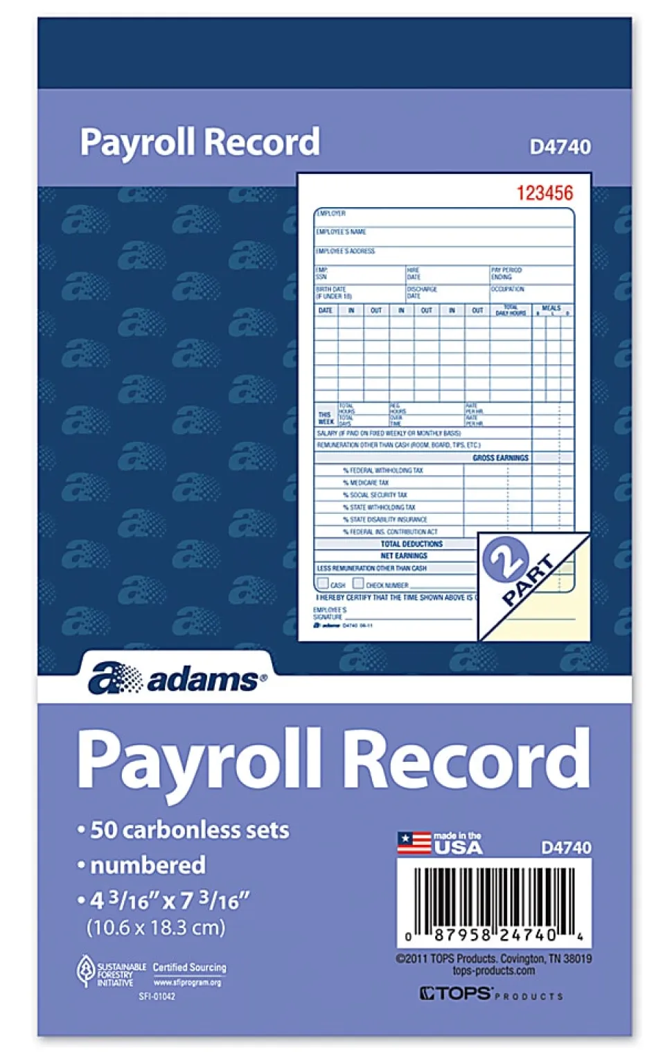 Adams® 2-Part Carbonless Payroll Record Sets Book, 4 3/16" x 7 3/16", White/Canary, Pack Of 50 Sets