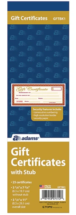 Adams® 1-Part Gift Certificates, 3 1/4" x 10 3/4", White, Pack Of 25