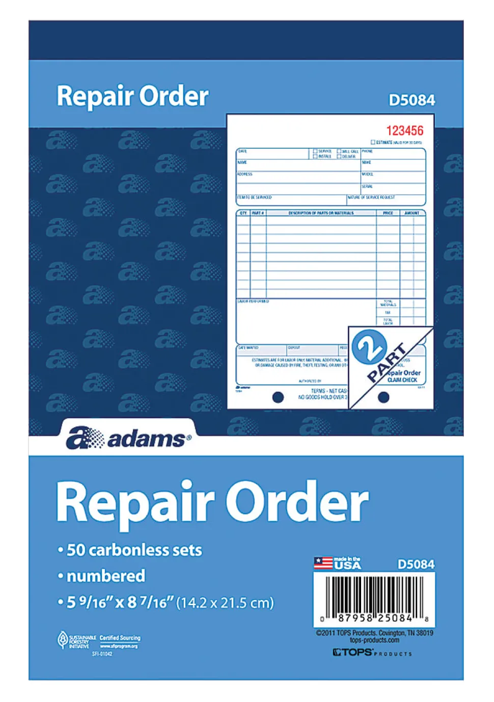 Adams™ 2-Part Service Repair Book, 5 9/16" x 8 7/16", 50 Sets