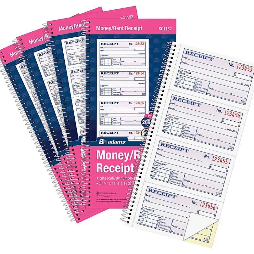 Adams Spiral 2-part Money/Rent Receipt Book - 200 Sheet(s) - Spiral Bound - 2 Part - 11"x5.25" Form Size - White, Canary - Assorted Sheet(s) - 5/Pack