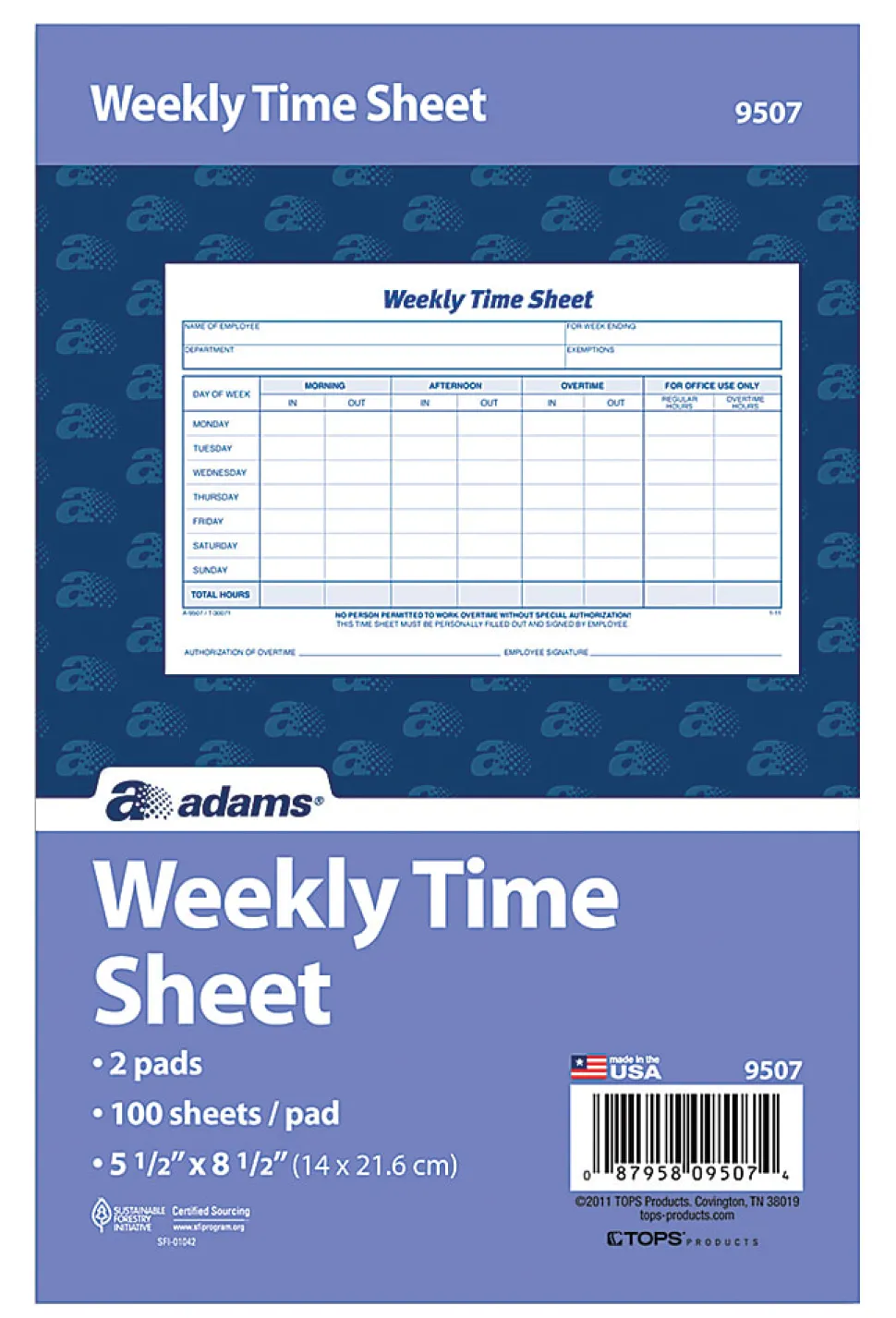 Adams™ Weekly Time Sheets, 8 1/2" x 5 1/2", White, 100 Sheets Per Pad, Pack Of 2 Pads