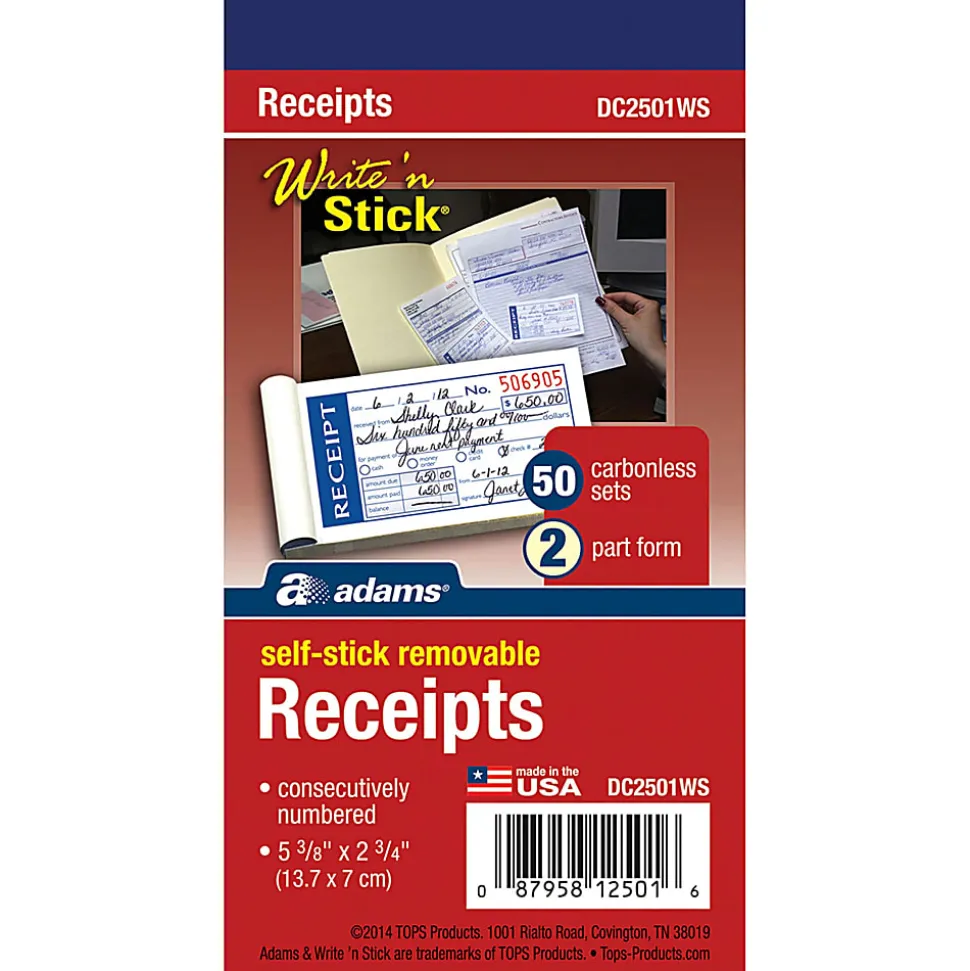Adams® Write N' Stick Receipt Book, 2 3/4" x 5 3/8", 2-Part, Book Of 50 Sets