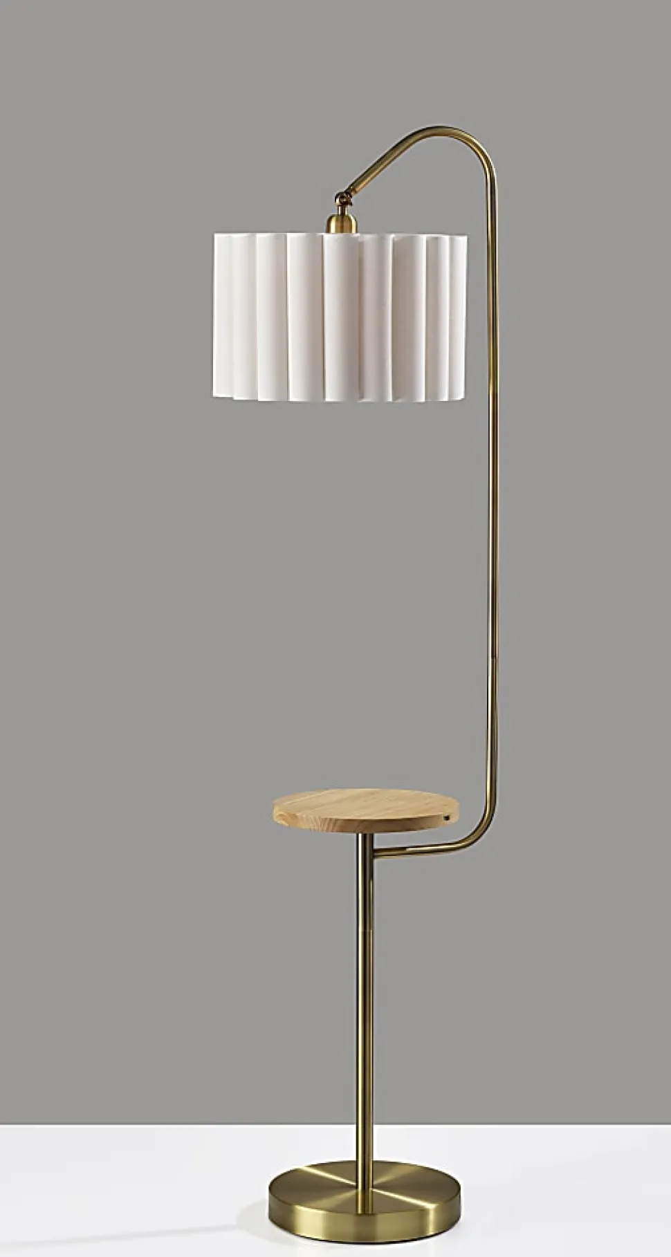 Adesso Caldwell Shelf Floor Lamp, Antique Brass with Beige Linen Shade