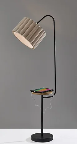 Adesso Caldwell Shelf Floor Lamp, Black with Beige Linen Shade