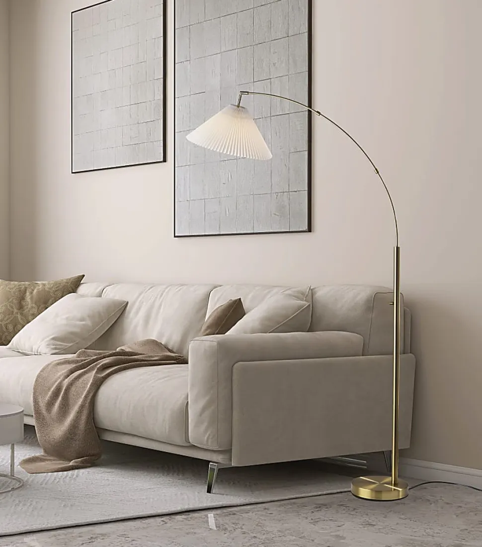Adesso Delaney Arc Floor Lamp, 76”H, Off-White Shade/Antique Brass Base