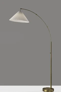 Adesso Delaney Arc Floor Lamp, 76”H, Off-White Shade/Antique Brass Base