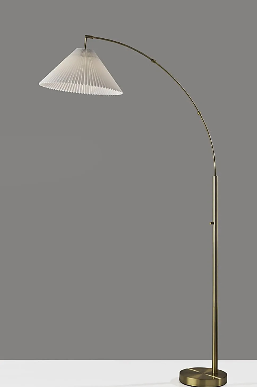 Adesso Delaney Arc Floor Lamp, 76”H, Off-White Shade/Antique Brass Base