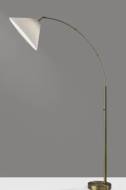 Adesso Delaney Arc Floor Lamp, 76”H, Off-White Shade/Antique Brass Base