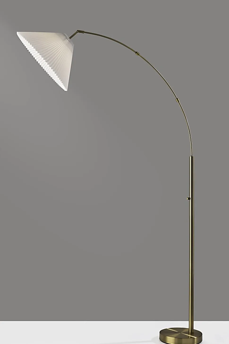Adesso Delaney Arc Floor Lamp, 76”H, Off-White Shade/Antique Brass Base