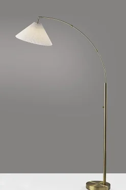 Adesso Delaney Arc Floor Lamp, 76”H, Off-White Shade/Antique Brass Base