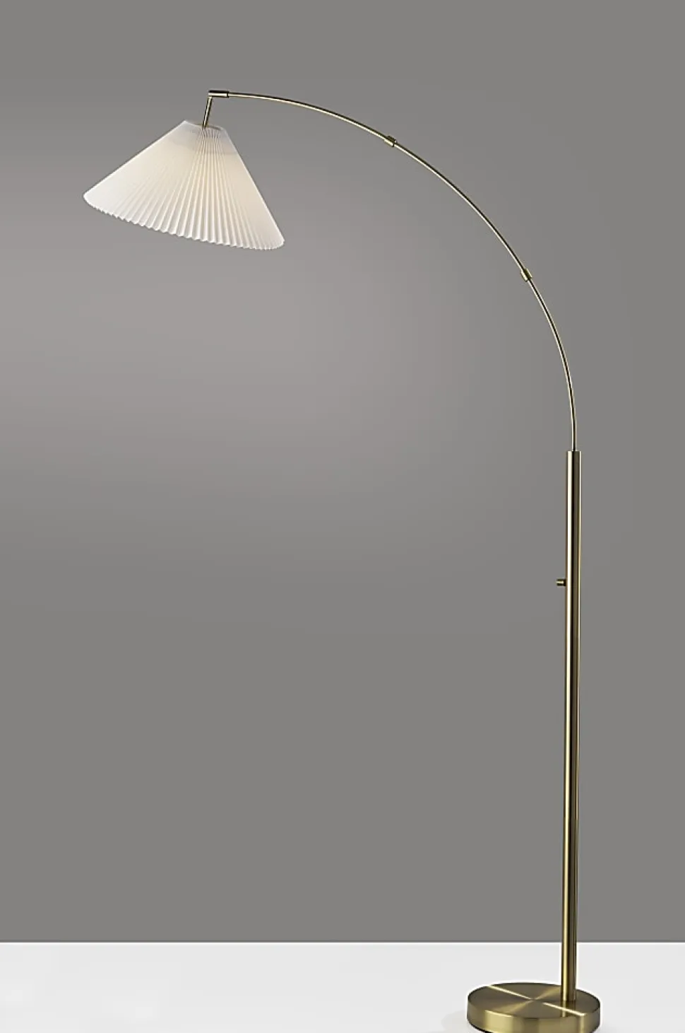 Adesso Delaney Arc Floor Lamp, 76”H, Off-White Shade/Antique Brass Base
