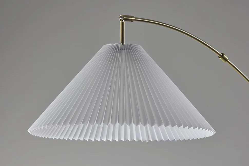 Adesso Delaney Arc Floor Lamp, 76”H, Off-White Shade/Antique Brass Base