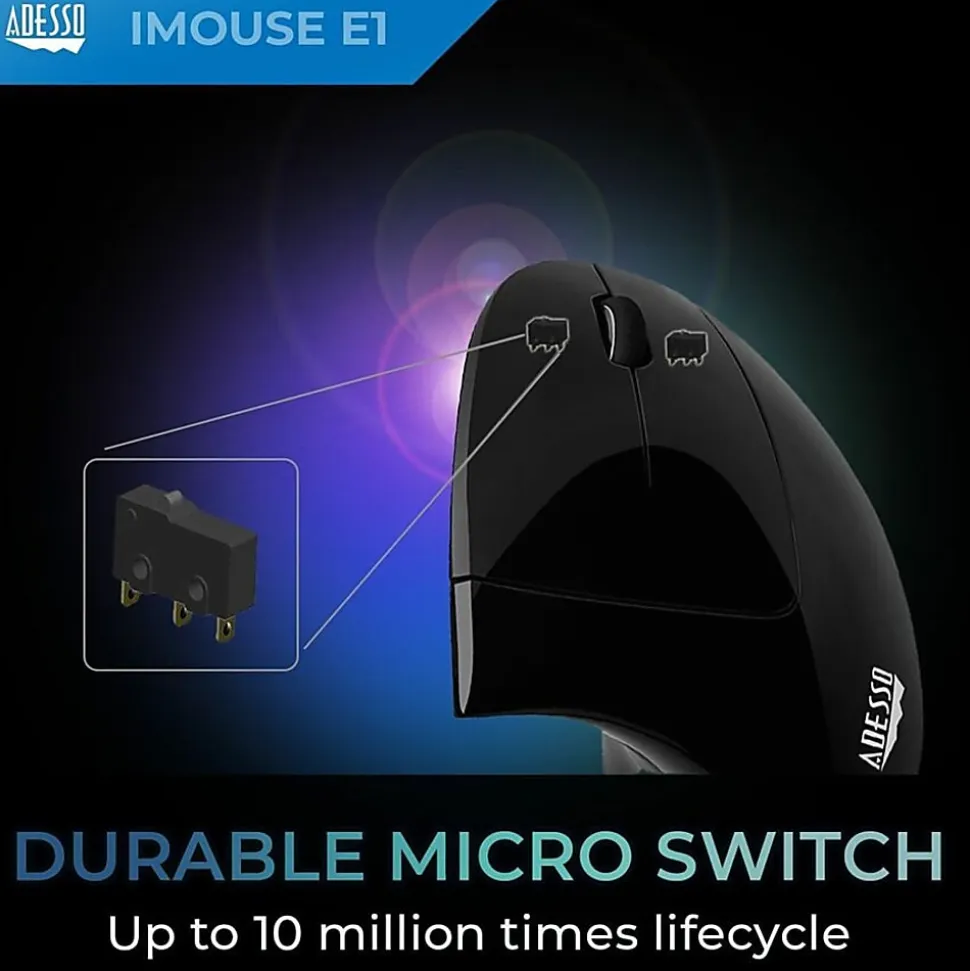 Adesso® iMouse E1 USB Illuminated Vertical Ergonomic Optical Mouse, Glossy Black