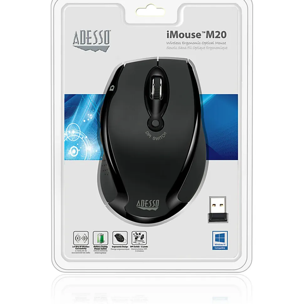Adesso iMouse M20B - Wireless Ergonomic Optical Mouse - Optical - Wireless - 30 ft - Radio Frequency - IMOUSEM20B