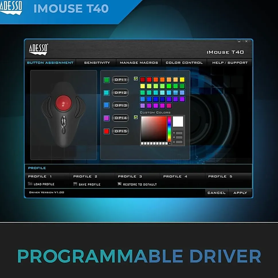 Adesso iMouse T40 - Wireless Programmable Ergonomic Trackball Mouse - Optical - Wireless - Radio Frequency - IMOUSET40