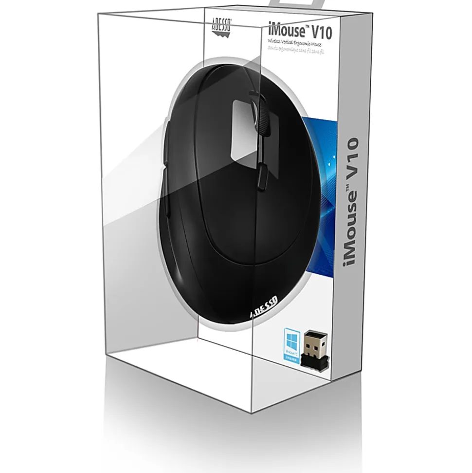 Adesso iMouse V10 - Wireless Vertical Ergonomic Mini Mouse - Optical - Wireless - Radio Frequency - 2.40 GHz - IMOUSEV10