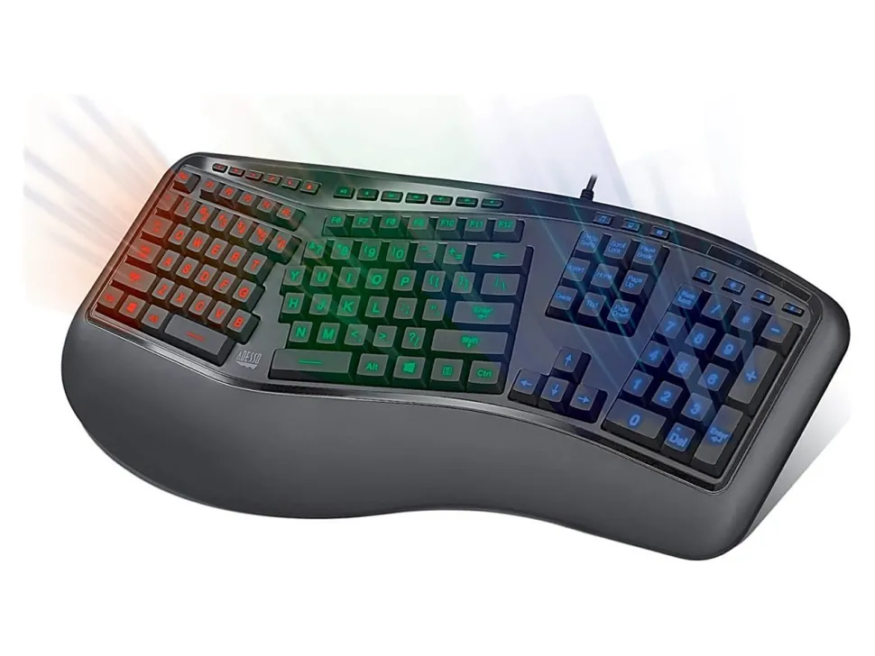 Adesso Tru-Form 150 3-Color Illuminated Ergonomic Keyboard, Black, AKB-150EB