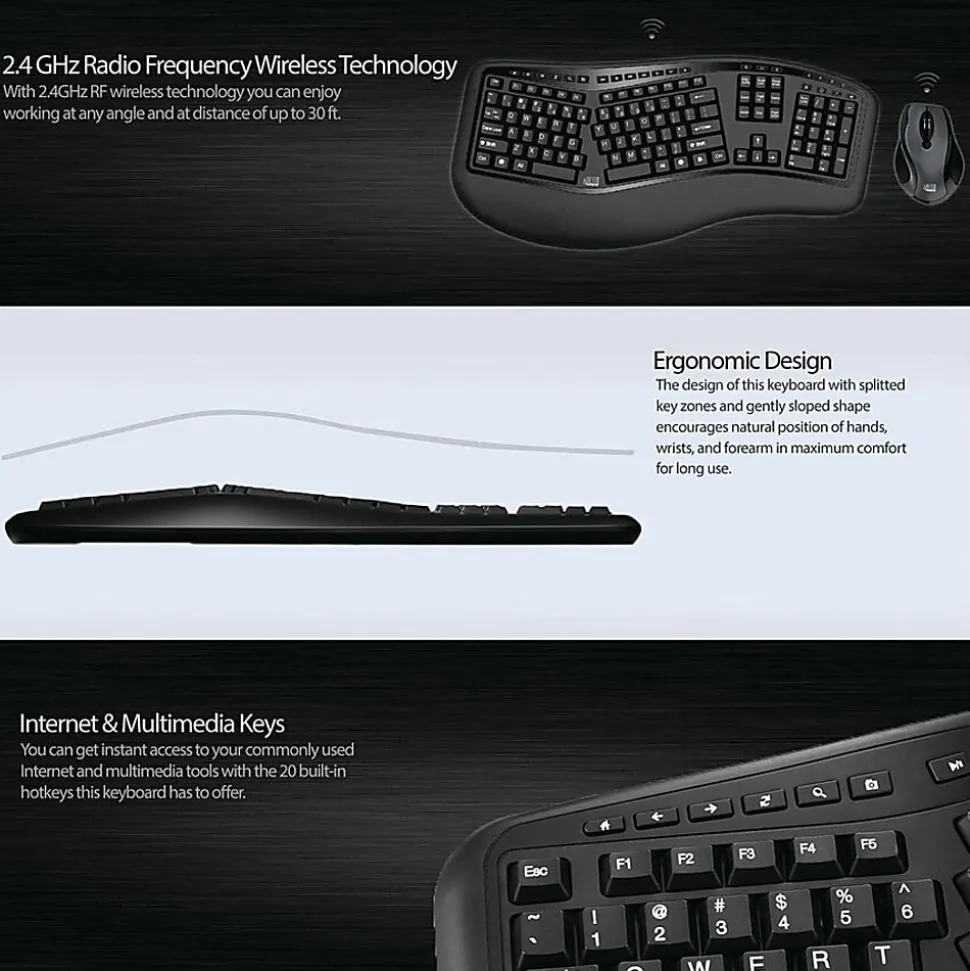 Adesso Tru-Form Media 1500 Wireless Ergonomic Keyboard & Laser Mouse, Black