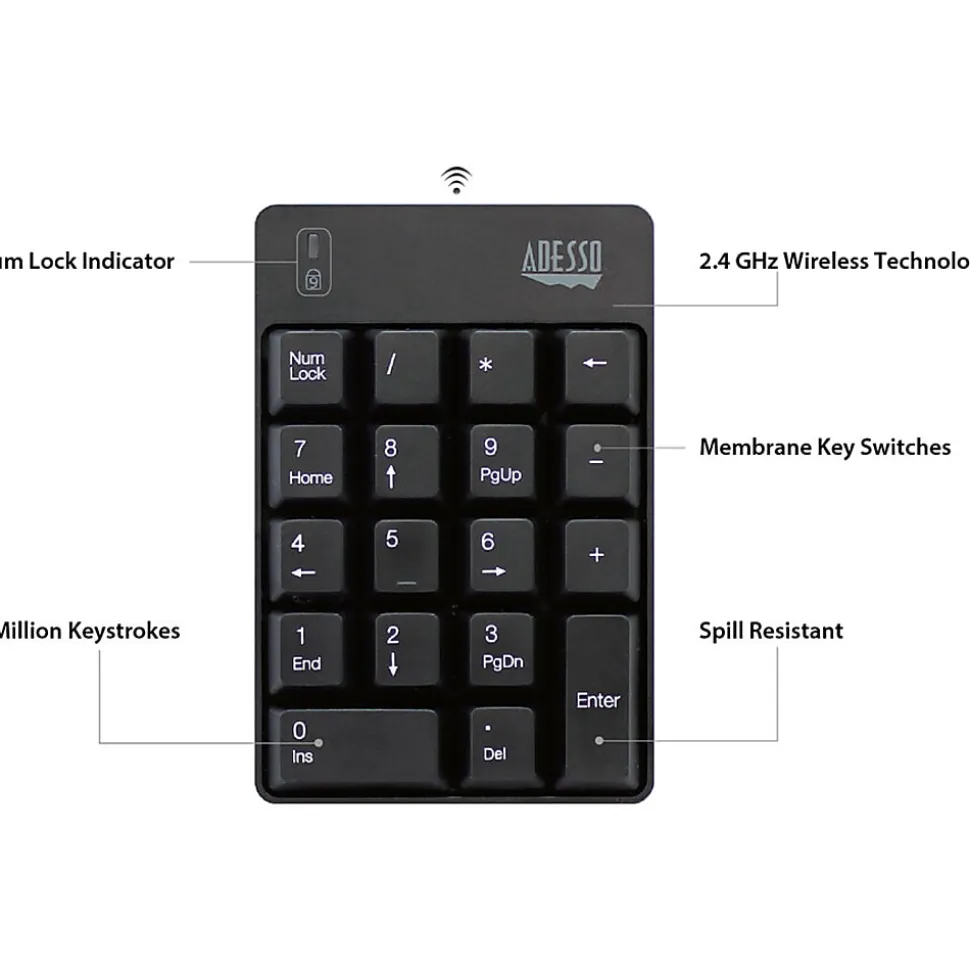 Adesso Wireless Spill Resistant 18-Key Numeric Keypad - Wireless Connectivity - RF - 30 ft - 2.40 GHz - WKB6010UB