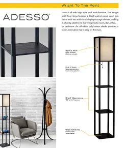 Adesso® Wright Shelf Floor Lamp, 63", Black/Natural