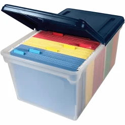 Advantus Extra Capacity Storage File Tote With Lid, Letter Size, 10 13/16" x 23" x 14 1/8", Clear/Navy