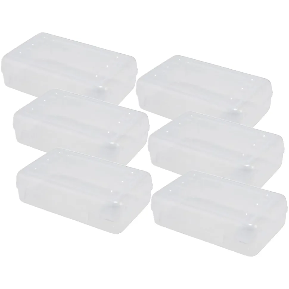 Advantus Pencil Boxes, 2-1/2”H x 8-1/2”W x 5-1/4”D, Clear, Pack Of 6 Pencil Boxes