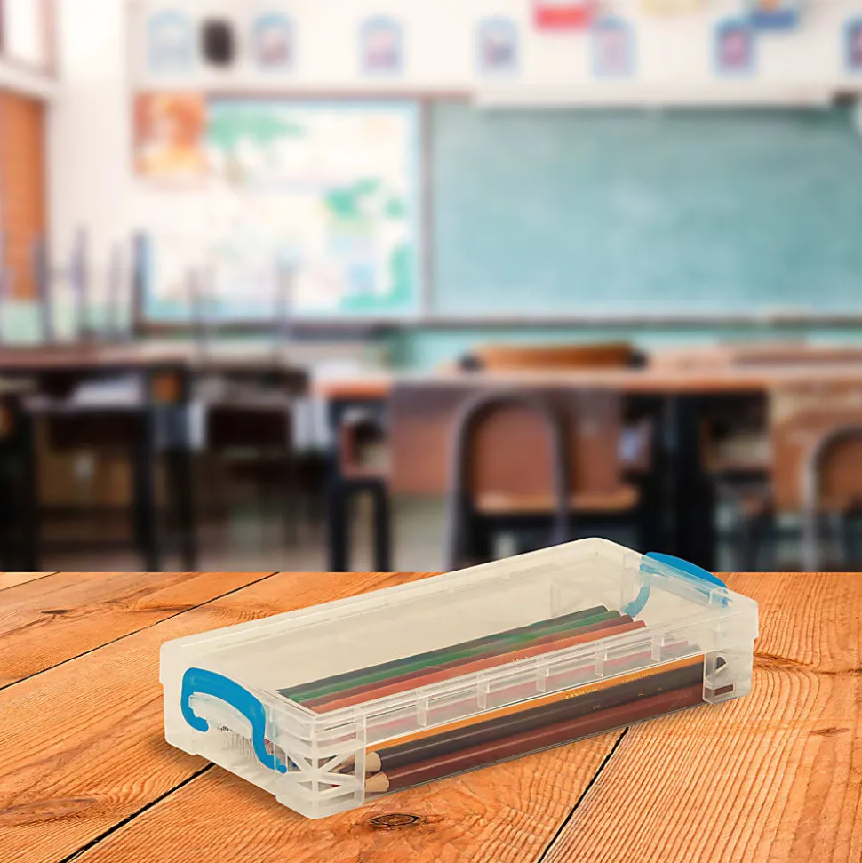Advantus Super Stacker Pencil Box. Clear box with snap tight handles