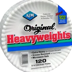 AJM Packaging Corporation Gold Label Coated Paper Plates, White, Pack Of 120 Plates