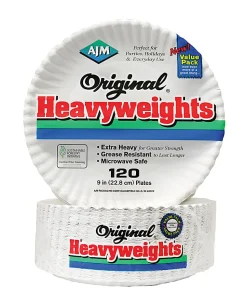 AJM Packaging Corporation Gold Label Coated Paper Plates, White, Pack Of 120 Plates