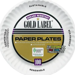 AJM Premium Gold Label® Coated Paper Plates, 9" Diameter, White, Pack Of 100