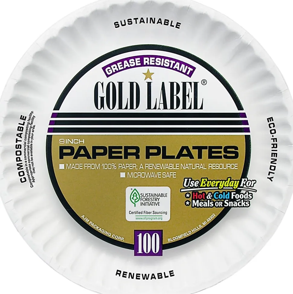 AJM Premium Gold Label® Coated Paper Plates, 9" Diameter, White, Pack Of 100