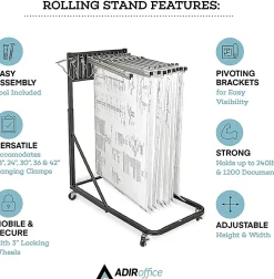 Alpine AdirOffice Blueprint Vertical File Rolling Stand, 46”H x 27”W x 28-1/2”D, Black