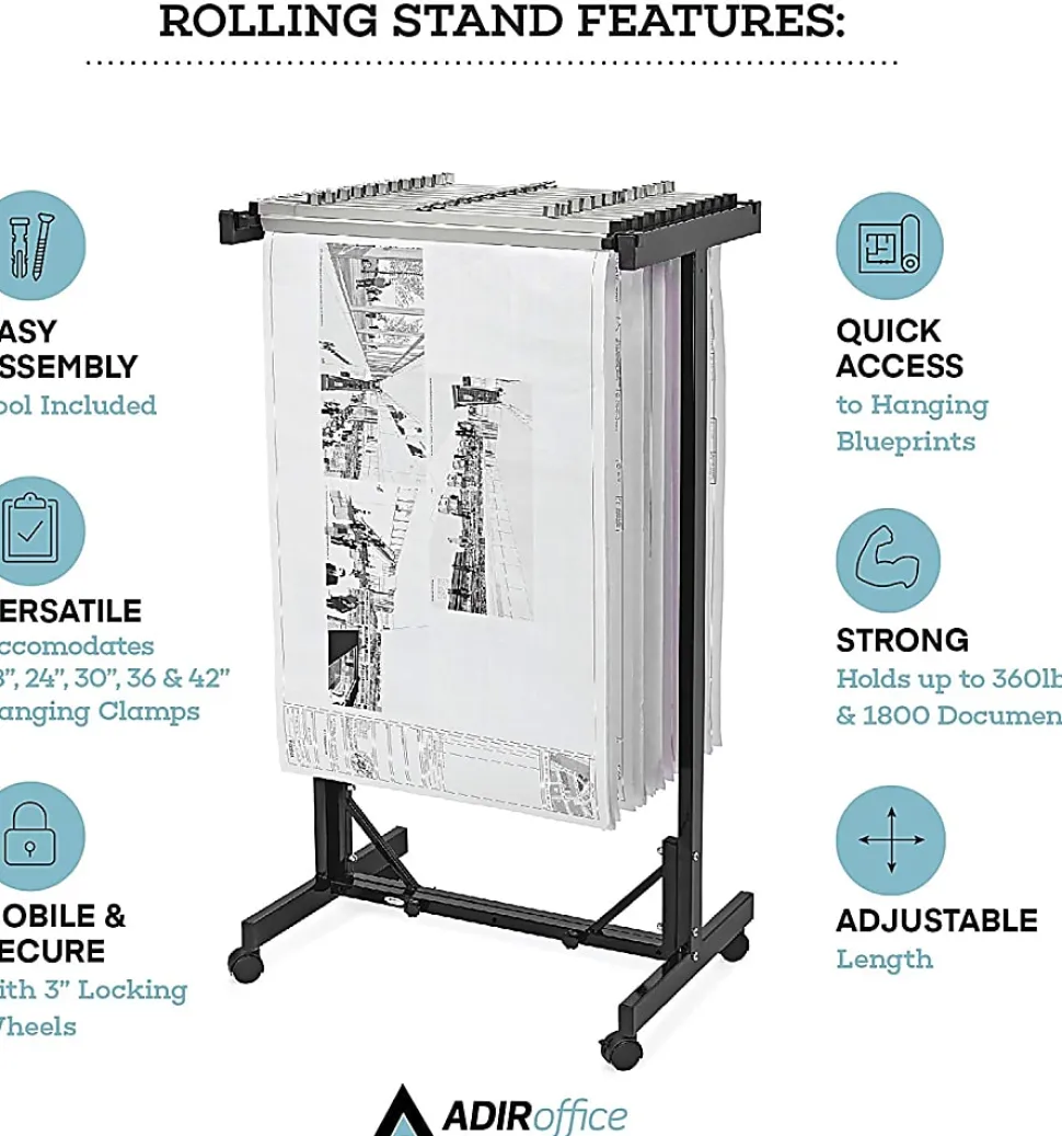 Alpine AdirOffice Expandable Blueprint Mobile Plan Center, 51”H x 29”W x 20-1/2”D, Black