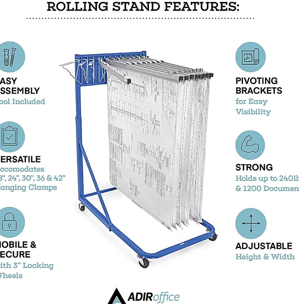 Alpine AdirOffice Large Blueprint Vertical File Rolling Stand, 46”H x 27”W x 28-1/2”D, Blue