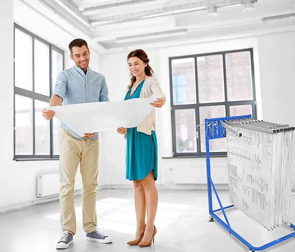 Alpine AdirOffice Large Blueprint Vertical File Rolling Stand, 46”H x 27”W x 28-1/2”D, Blue