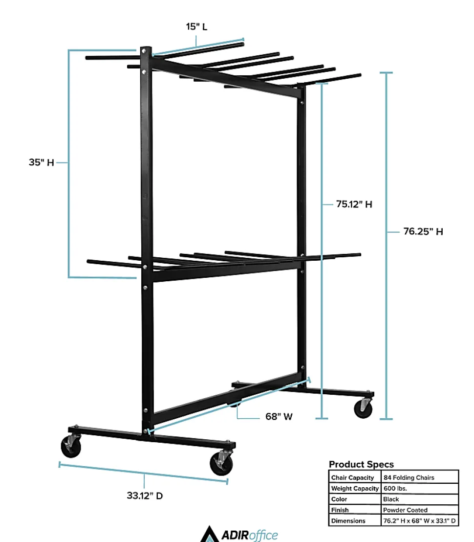 Alpine AdirOffice 1,000 Lb 2-Tier Steel Folding Chair Cart, 76-1/8"H x 67-3/4"W x 33-1/8"D, Black