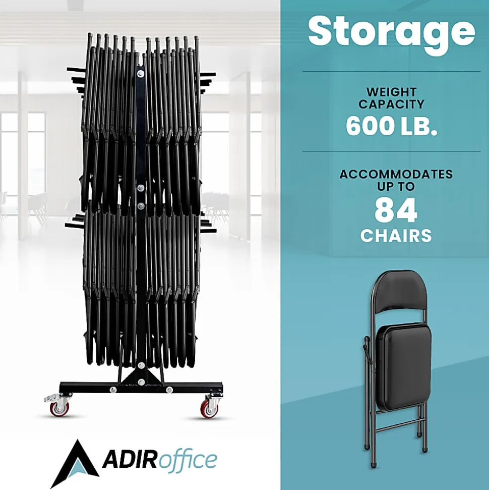 Alpine AdirOffice 1,000 Lb 2-Tier Steel Folding Chair Cart, 76-1/8"H x 67-3/4"W x 33-1/8"D, Black