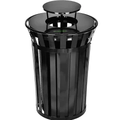 Alpine 38-Gallon Metal-Slatted Outdoor Commercial Trash Can, With Lid, Black