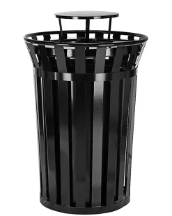 Alpine 38-Gallon Metal-Slatted Outdoor Commercial Trash Can, With Lid, Black