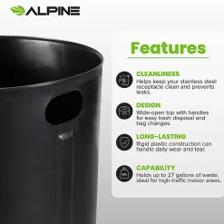 Alpine Industries Stainless Steel, Indoor Trash Can, 27 gallons, Black, 2/Pack (475-27L-BLK)