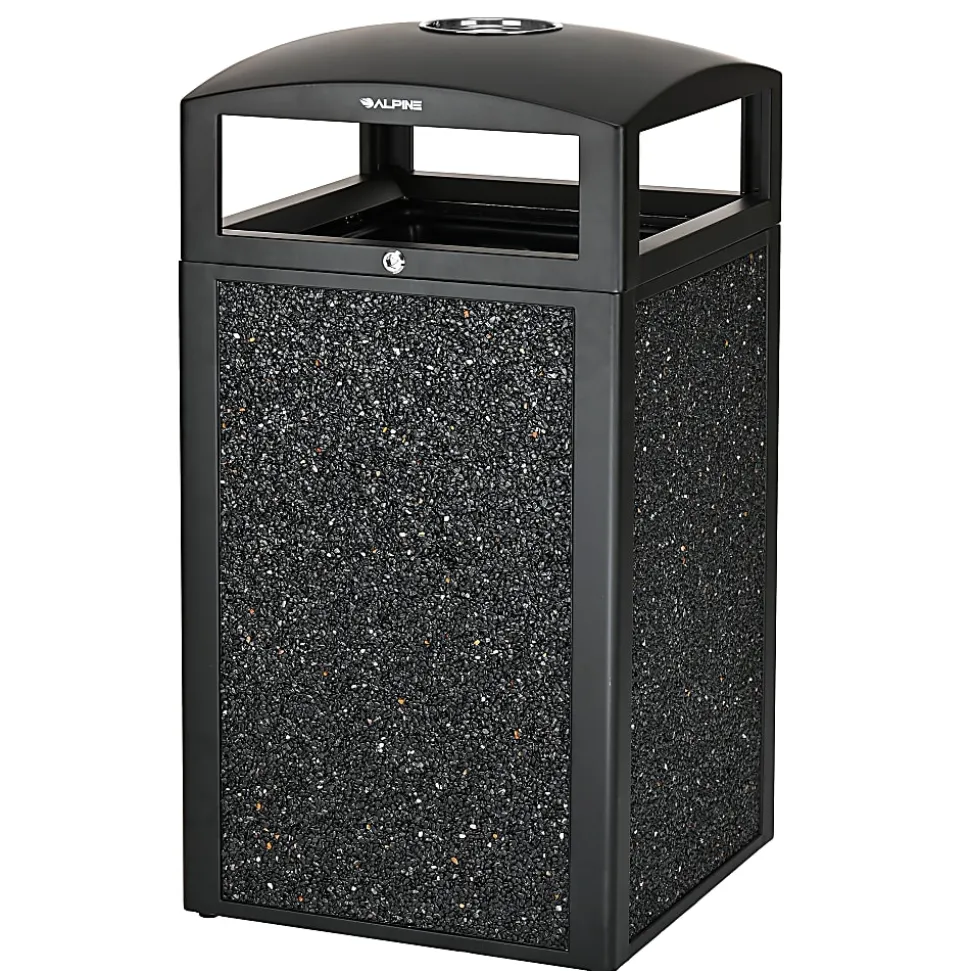 Alpine Industries Steel All-Weather Stone Panel Outdoor Commercial Trash Can With Ashtray Lid, 40 Gallons, Gray