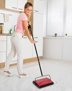 Alpine Manual Triple Brush Floor And Carpet Sweepers, Red, Pack Of 2 Sweepers