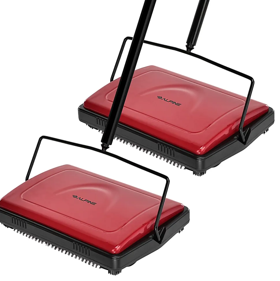 Alpine Manual Triple Brush Floor And Carpet Sweepers, Red, Pack Of 2 Sweepers