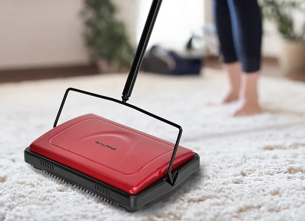 Alpine Manual Triple Brush Floor And Carpet Sweepers, Red, Pack Of 2 Sweepers